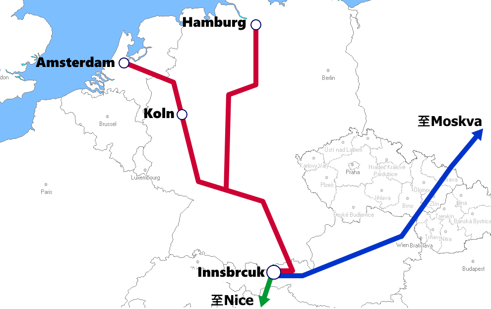 インスブルック発着夜行列車路線図