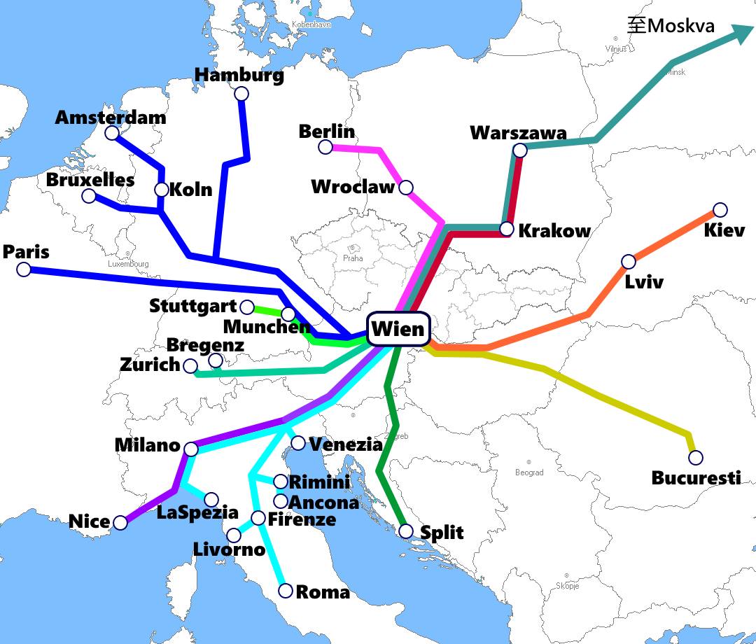 オーストリア(ウィーン)発着夜行列車路線図