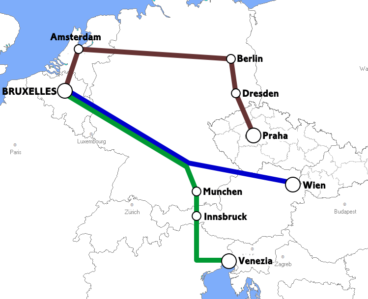 ベルギー発着夜行列車路線図