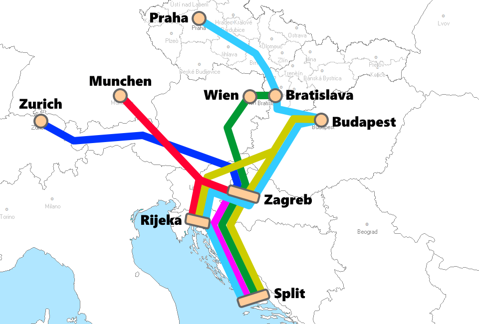 クロアチア発着夜行列車路線図
