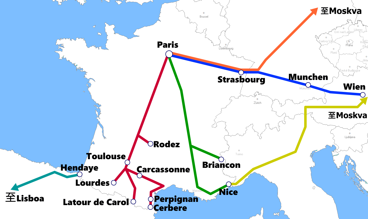 フランスの夜行列車路線図