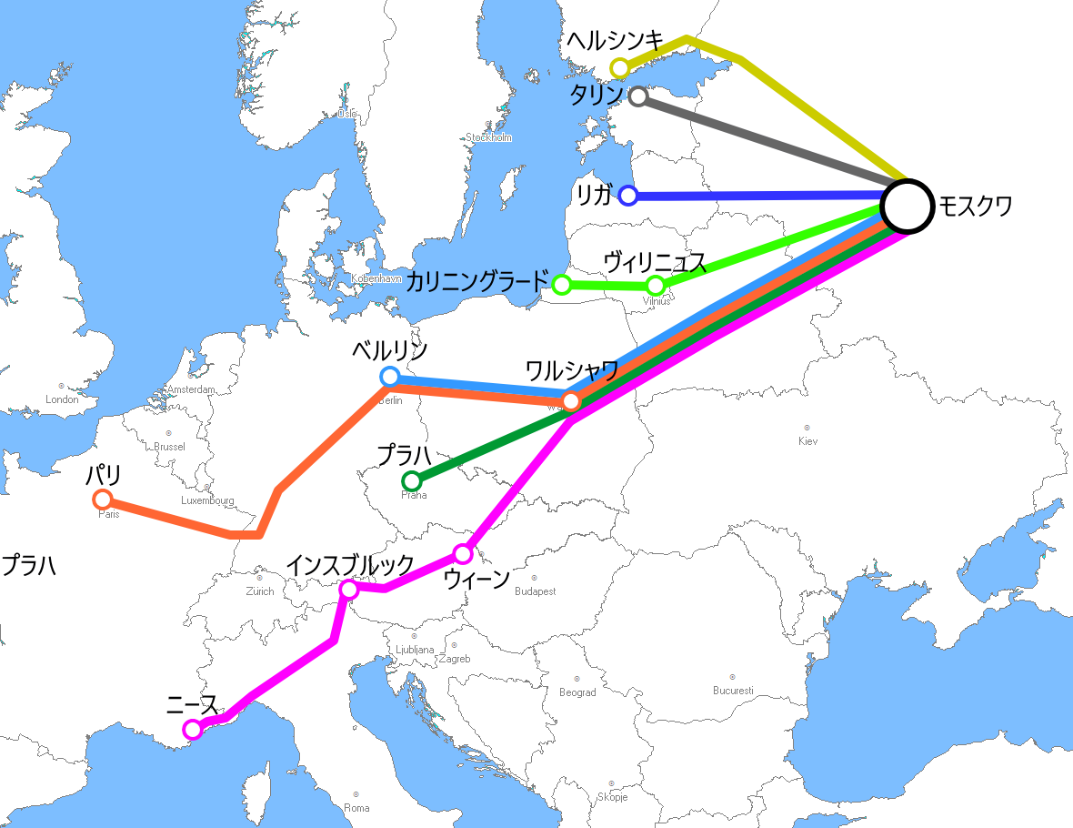 モスクワ発着夜行列車路線図