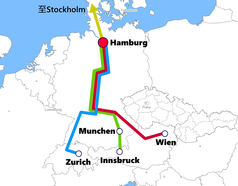 ハンブルグ発着夜行列車路線図