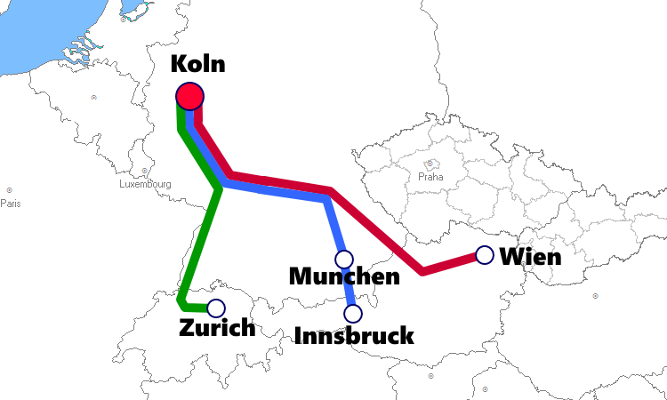 ケルン発着夜行列車路線図