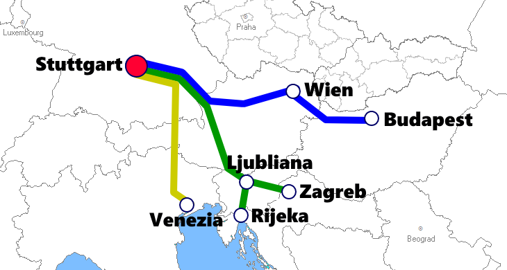 ケルン発着夜行列車路線図