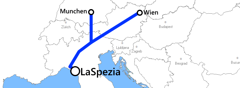 ヴェネチア発着夜行列車路線図