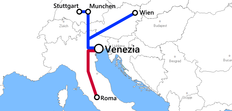 ヴェネチア発着夜行列車路線図
