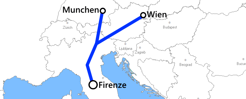 フィレンツェ発着夜行列車路線図