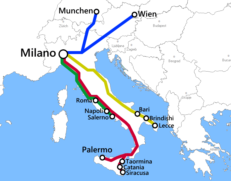 ミラノ発着夜行列車路線図