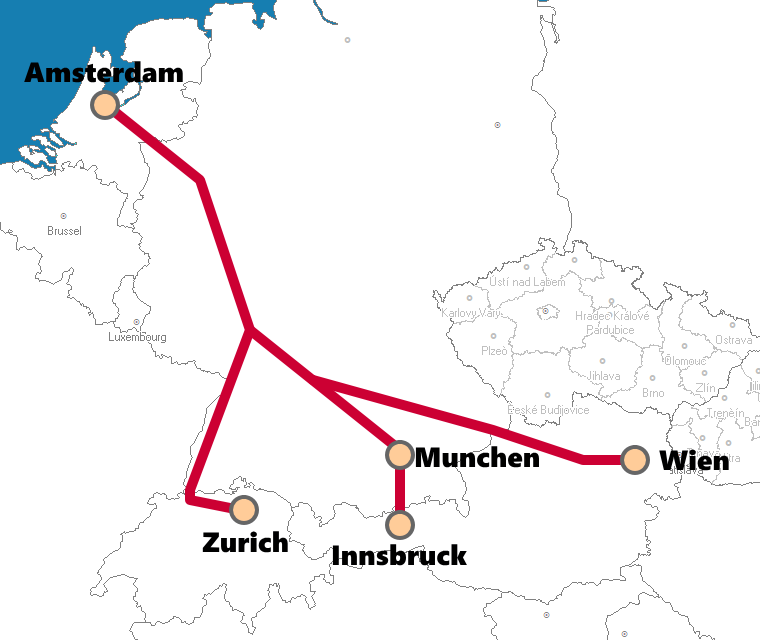 オランダ発着夜行列車路線図