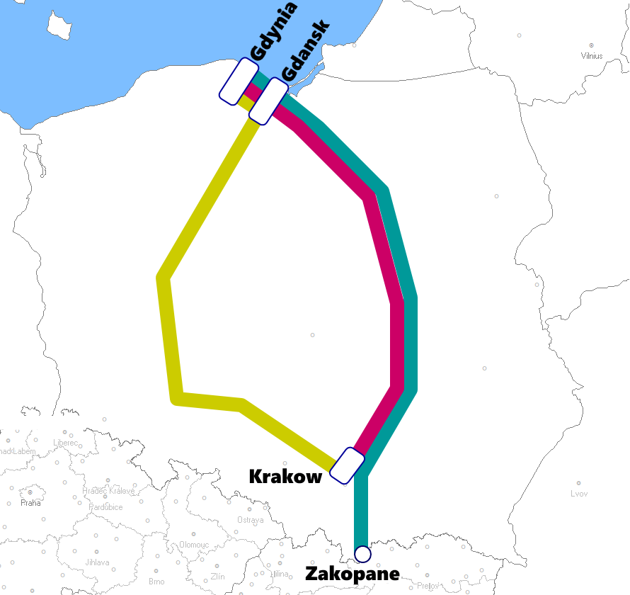 グディニア発着夜行列車路線図