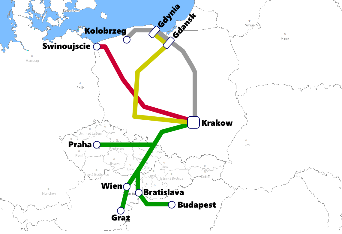 クラクフ発着夜行列車路線図