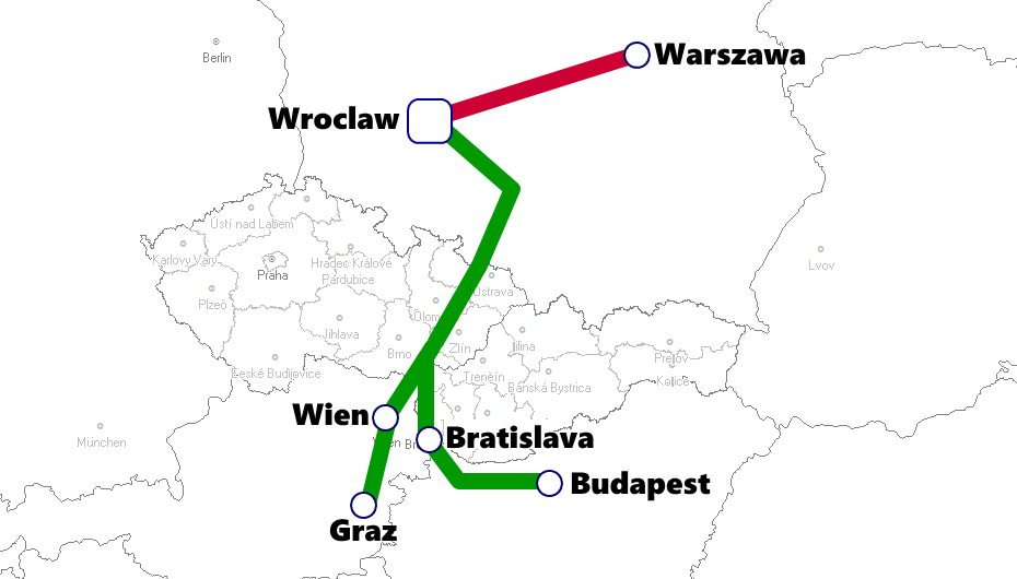 ブロツワフ発着夜行列車路線図