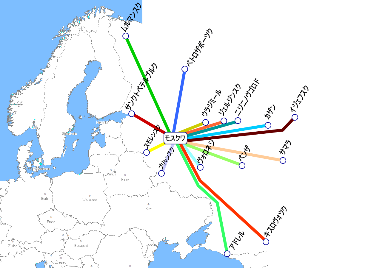 ロシアの夜行列車路線図