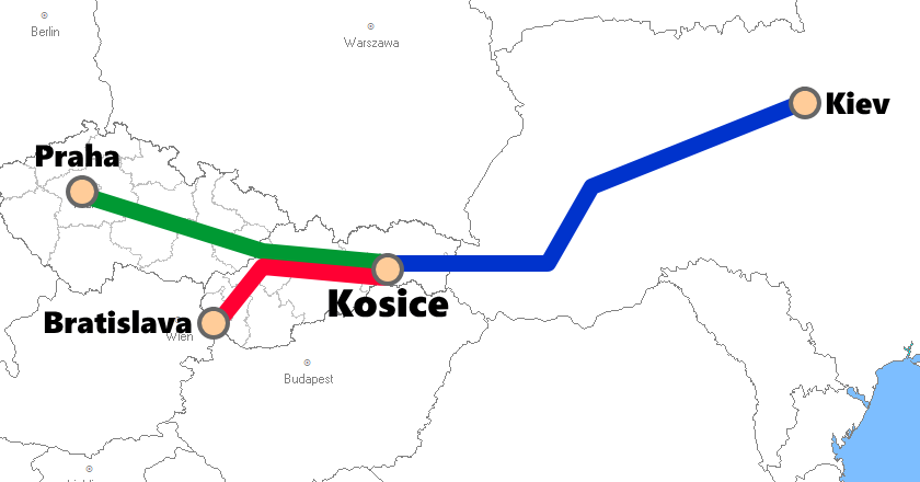 スロバキア(コシツェ)発着夜行列車路線図