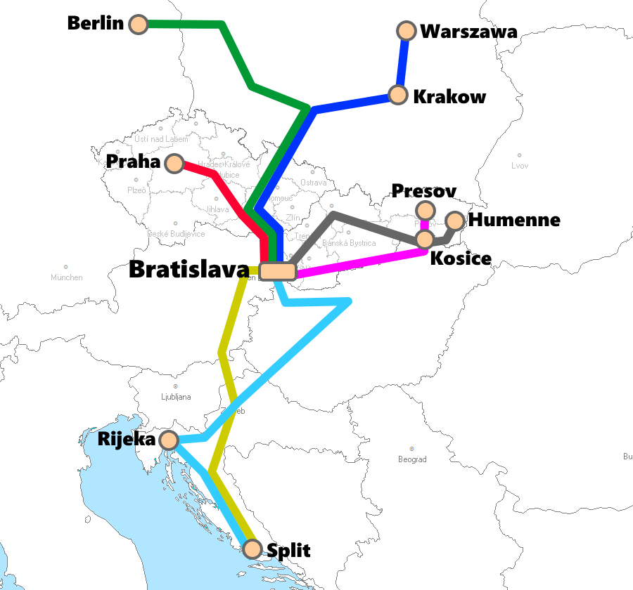 スロバキア(ブラチスラバ)発着夜行列車路線図