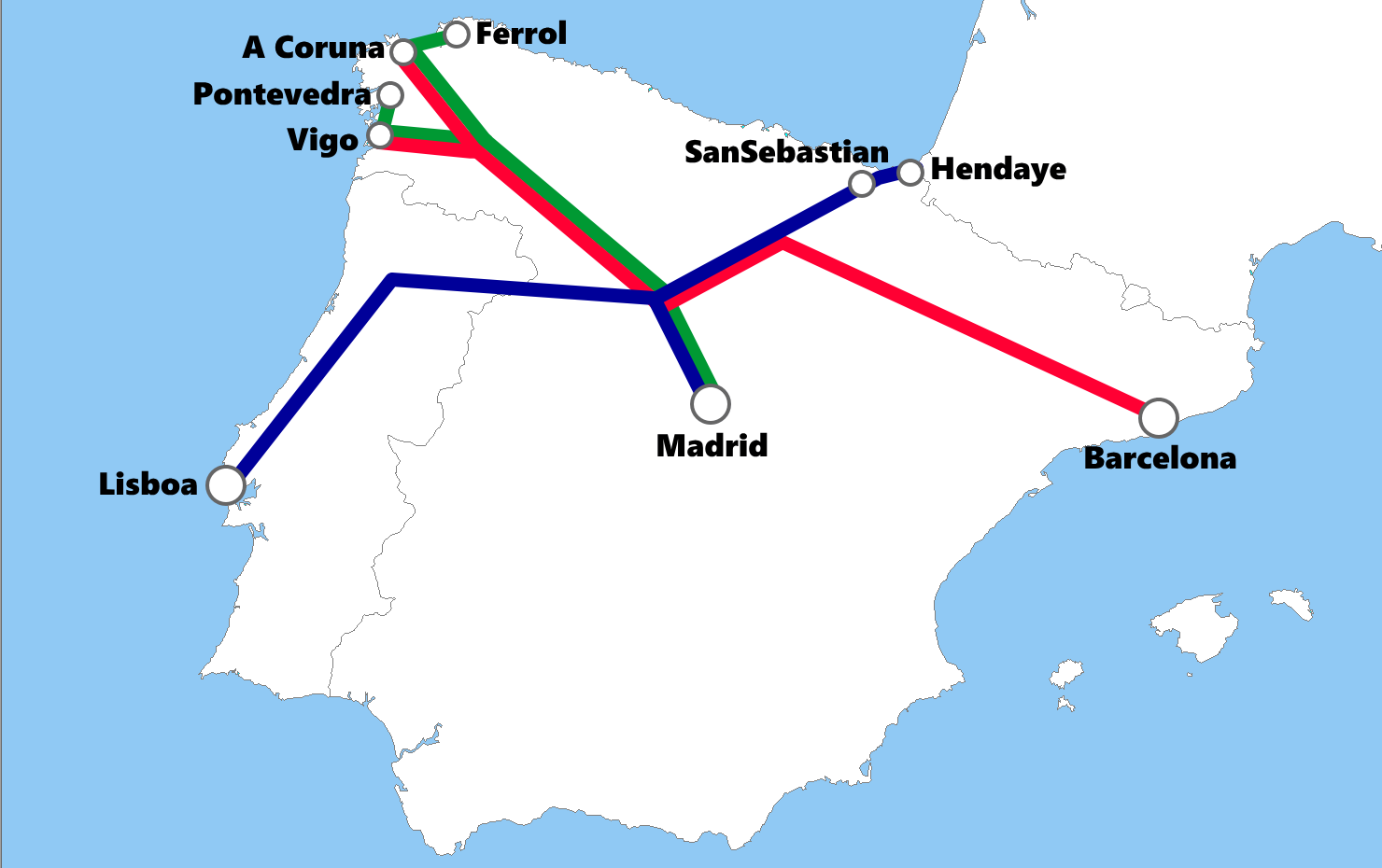 スペインの夜行列車路線図