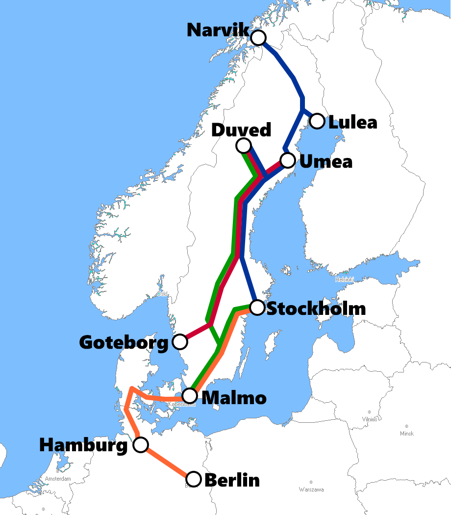 スウェーデンの夜行列車路線図