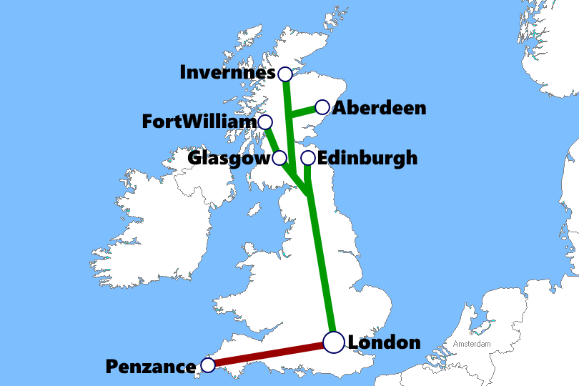 イギリスの夜行列車路線図
